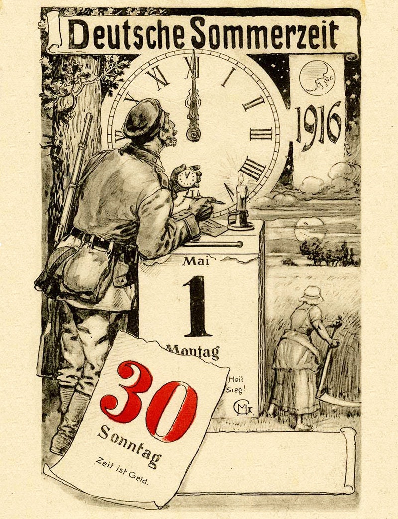 Открытка о введении летнего времени в Германии 30 апреля 1916. Postcard for the introduction of summer time in Germany on April 30, 1916