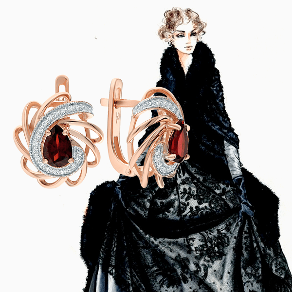 Серьги SL из коллекции «Русские сезоны», розовое золото, гранат, бриллианты