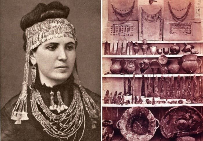 Софья Шлиман (вторая жена Генриха) в украшениях, обнаруженных при раскопках; предметы из "клада Приама".