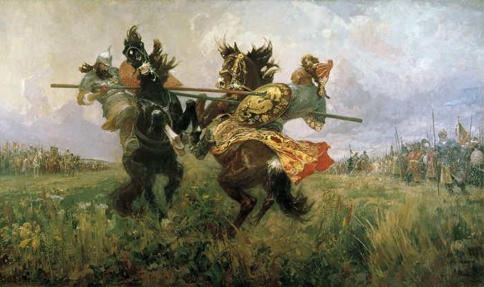 Поединок Пересвета с Челубеем на Куликовом поле. Художник Михаил Авилов. 1943 Поединок Пересвета с Челубеем на Куликовом поле. Художник Михаил Авилов. 1943