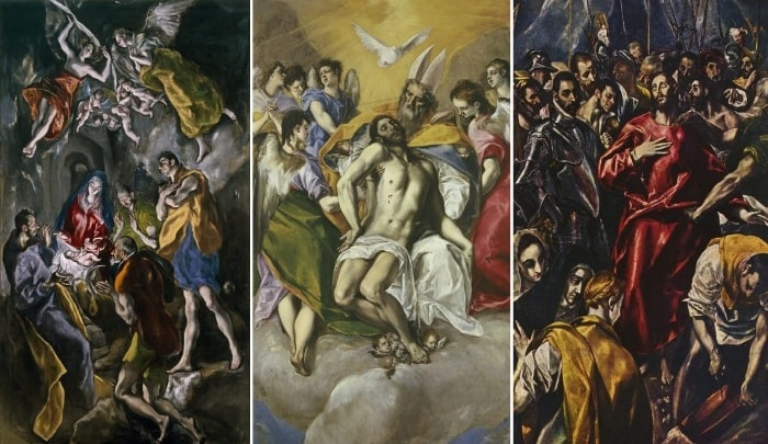 Эль Греко. Поклонение пастухов, 1612-1614. Святая троица, 1577. Снятие одежд с Христа, 1577-1579 | Фото: artrue.ru Эль Греко. Поклонение пастухов, 1612-1614. Святая троица, 1577. Снятие одежд с Христа, 1577-1579 | Фото: artrue.ru