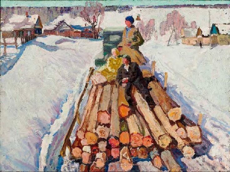 16. "Деревня строится" Руднев Леонид Иванович, 1963 СССР, живопись, картины, красиво, соцреализм, художники