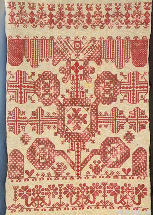 Конец полотенца. Петербургская губ. Вторая половина XIXв. Холст, красные бумажные нити. Вышивка: роспись, набор, гладь. 34х245. Из музея народоведения.