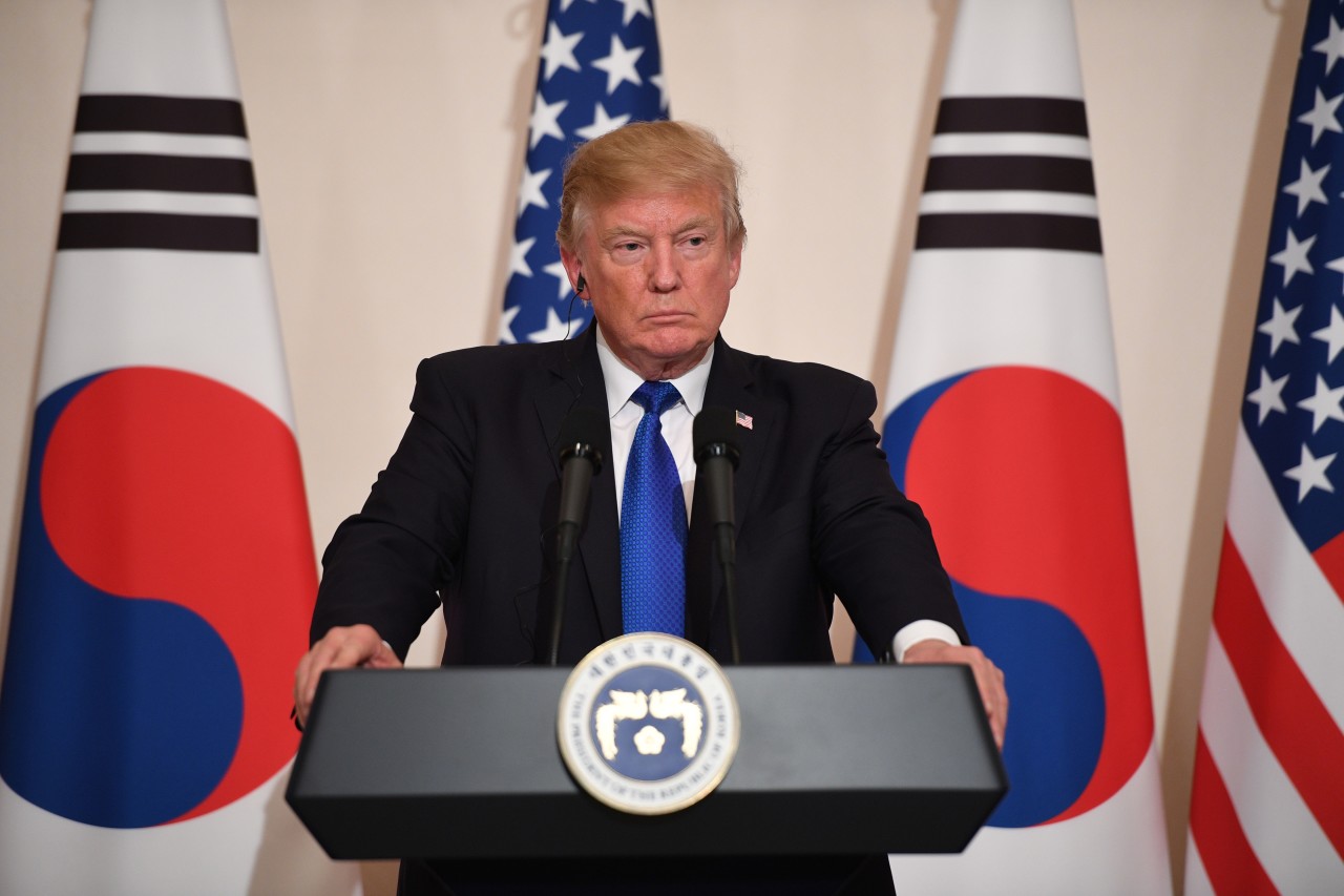 President Donald Trump attends a joint press conference with South Korea's President Moon Jae-In at the presidential Blue House in Seoul on Nov. 7, 2017.