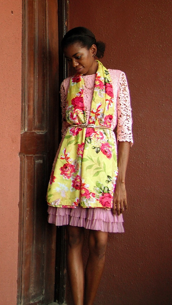 how to tie a large scarf with light pink lace dress