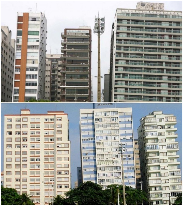 Это не обман зрения, а привычное расположение многоэтажных домов в Сантосе (Бразилия). 