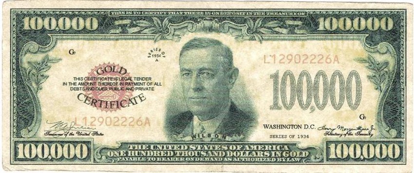 банкноты с номиналом в сто тысяч долларов