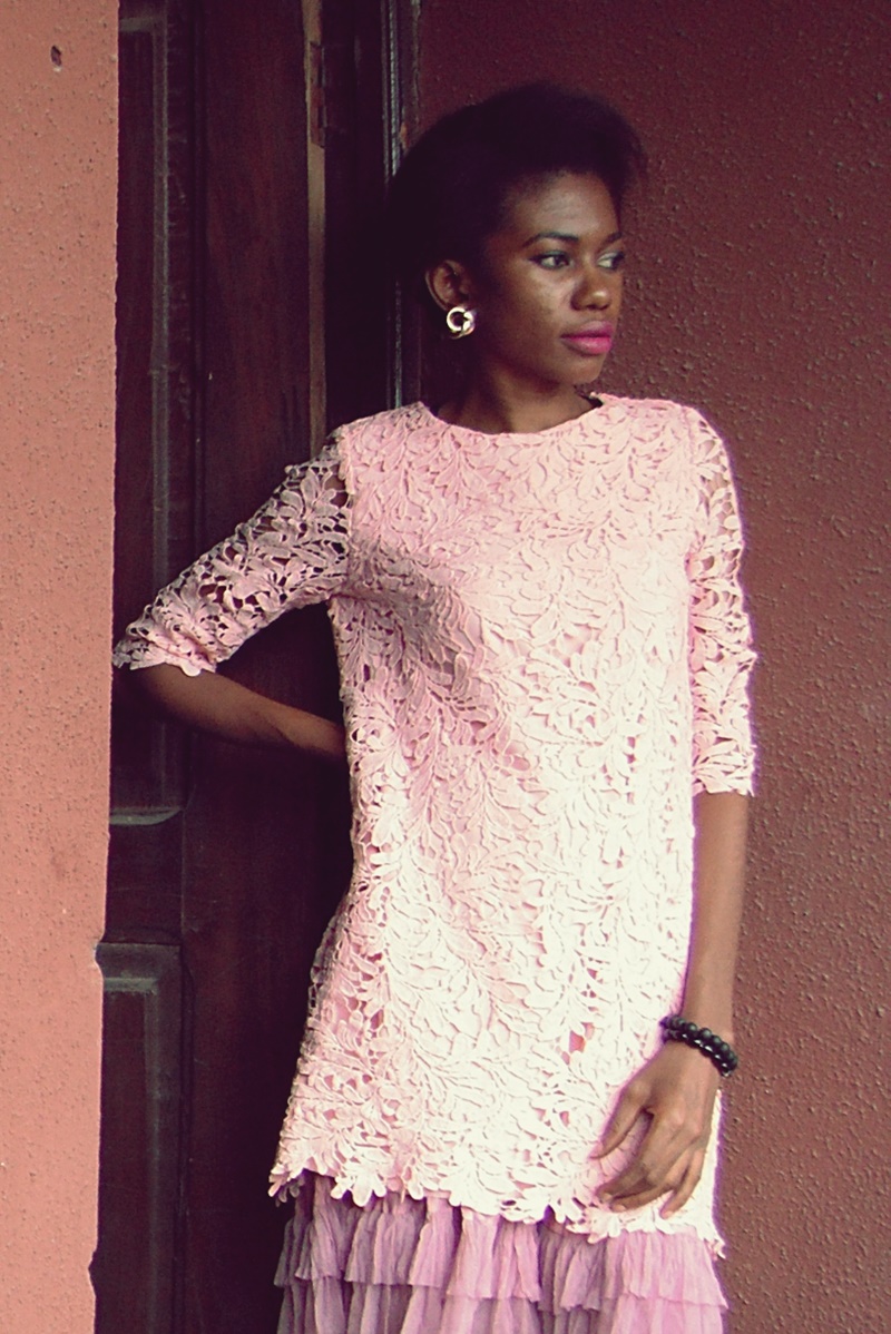 light pink lace mini dress with sleeves