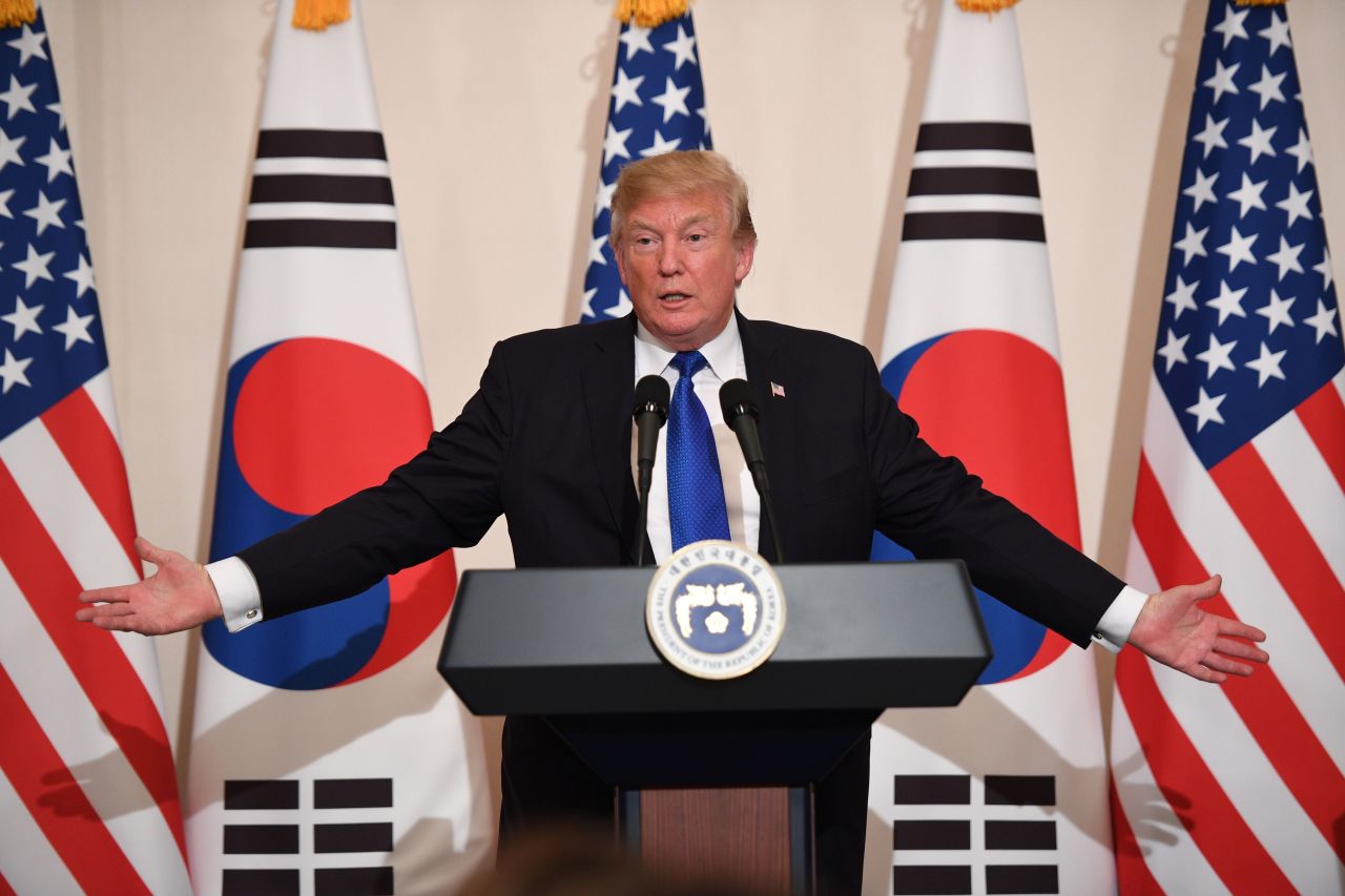 President Donald Trump at a joint press conference with South Korea's President Moon Jae-In in Seoul on Nov. 7, 2017.