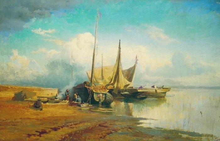 «Вид на Волге. Барки». (1870 год). Автор: Федор Васильев. «Вид на Волге. Барки». (1870 год). Автор: Федор Васильев.