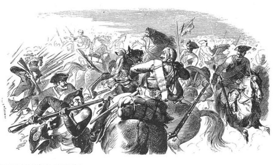 Прусская пехота атакует австрийскую кавалерию в сражении при Лигнице.  