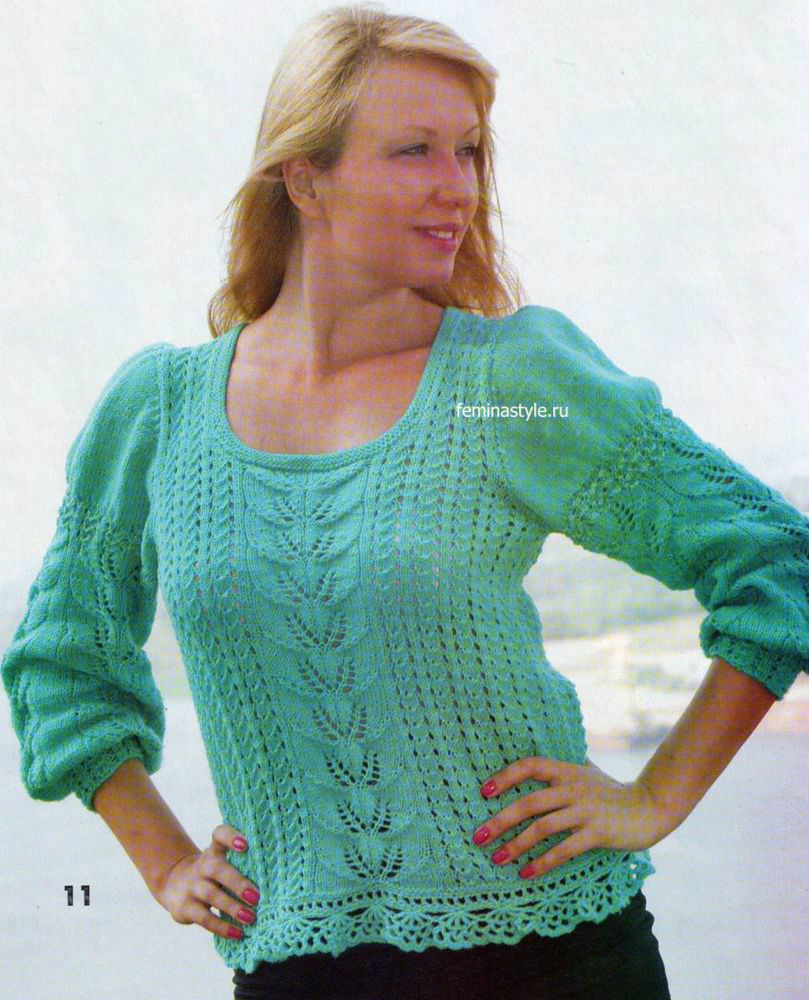 Бирюзовый пуловер спицами и крючком