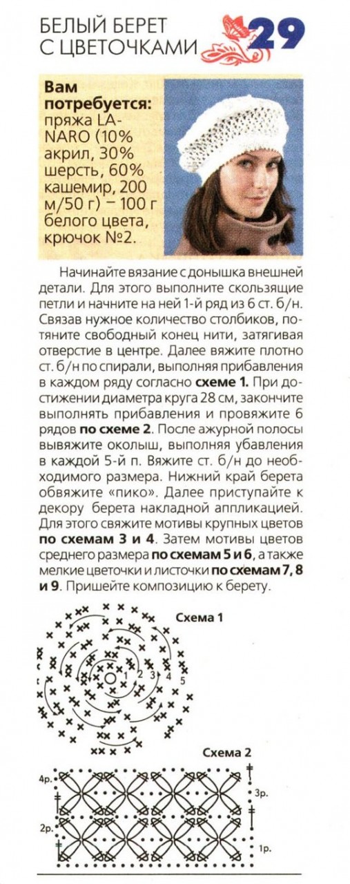 Схема вязания тонкого берета