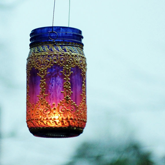 Hand Painted Mason Jar Lantern,Deep Plum Tinted Glass with Golden Filigree Surface