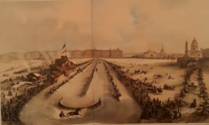 Зимние конные бега на Неве. Раскрашенная гравюра по рисунку И.И.Шарлеманя Зимние конные бега на Неве. Раскрашенная гравюра по рисунку И.И.Шарлеманя