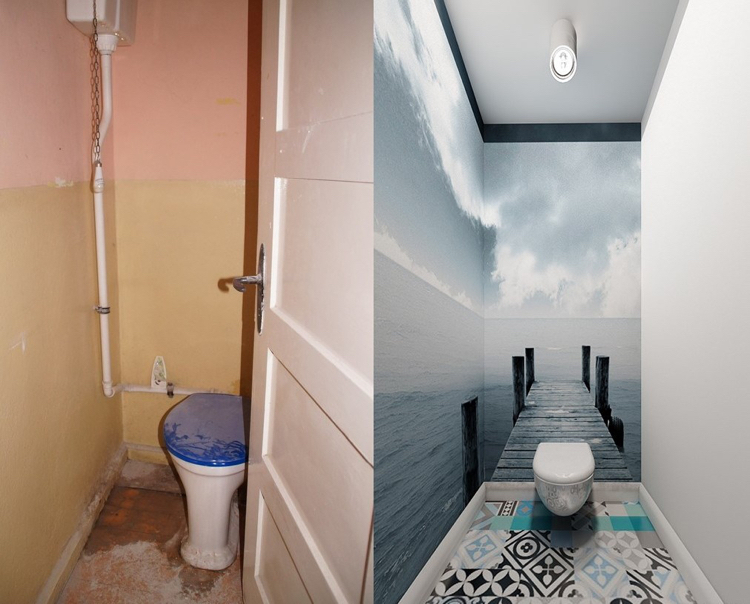 идея ремонта туалета фото до и после фотообои серо-голубой