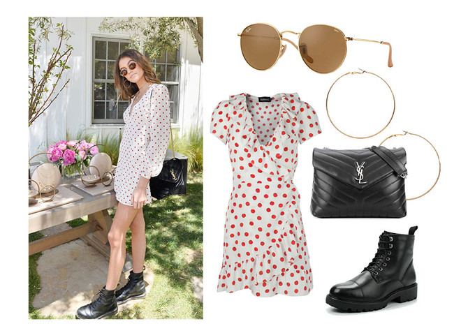 Платье Realisation, ботинки Vagabond, сумка Saint Laurent, серьги H&M, солнцезащитные очки Ray Ban Как повторить лучшие образы Кайи Гербер? (фото 14)