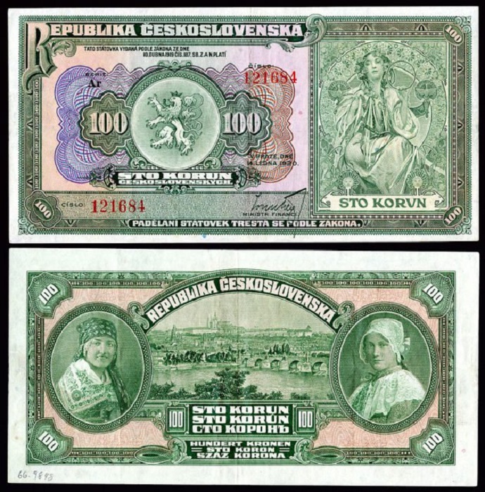 Дизайн денежной купюры номиналом в 100 крон от Альфонса Мухи, 1920 год. | Фото: thevintagenews.com. Славянские красавицы Альфонса Мухи - шедевры в стиле ар-нуво