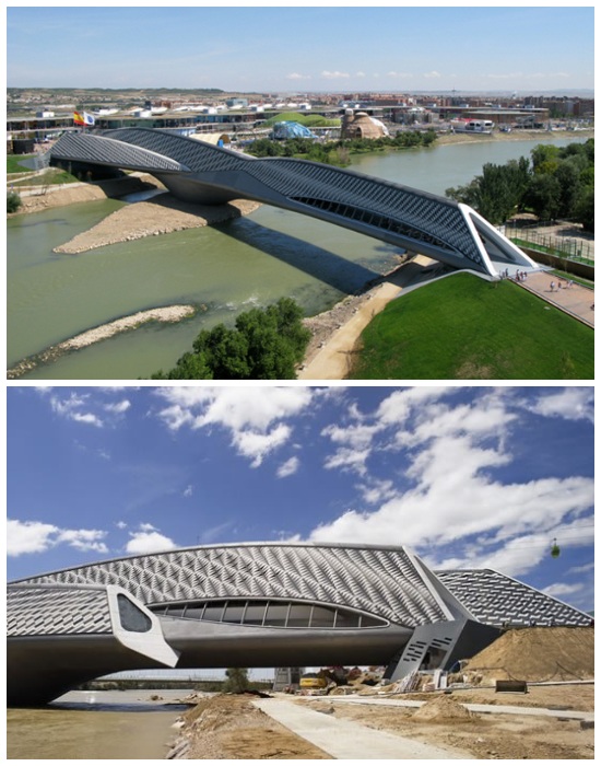 Мост-павильон Zaragoza Bridge в Сарагосе органично вписался в речной ландшафт города (Испания). 10 мостов мира, конструкции которых приводят в восторг своей неординарностью и величием