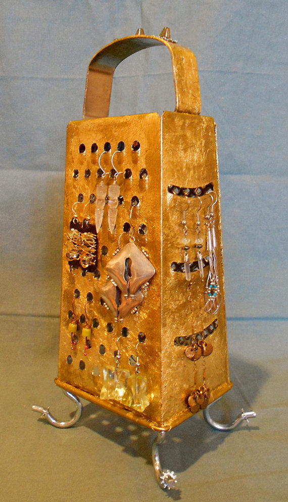 Earring stand ,Kitchen grater turns into an earring holder, gold leaf gilded, surrealistic style object,
