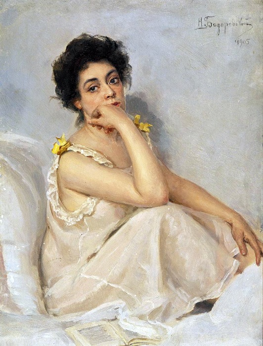 «За книгой», (1905), картон, масло — частное собрание. Автор: Николай Бодаревский. Почему передвижники открещивались от художника Бодаревского и снимали его полотна с вернисажей