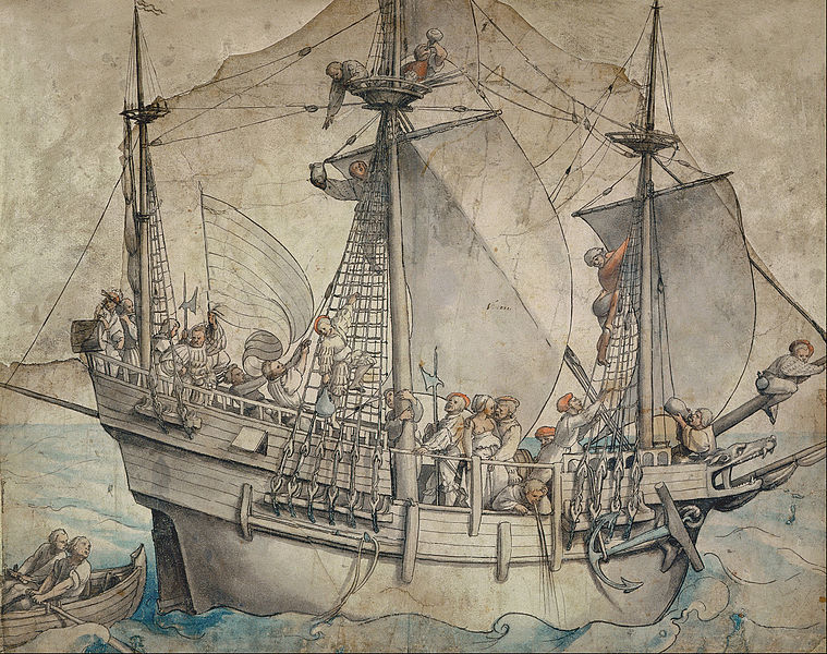 «Корабль разгульных ландскнехтов», рисунок Хольбайна (ок. 1533). Скорее всего, именно это, а не реконструкция Якоба Хагга, и есть реалистичный «Northern ship», т. е. конструкция, приспособленная для балтийских и североморских условий, 1‑пол. XVI века. Фигуры людей не в масштабе - Война в Срединном море: Морея и Тунис | Военно-исторический портал Warspot.ru