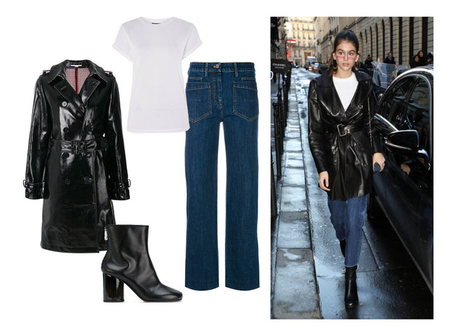 Плащ Stella Mccartney, джинсы Christian Wijnants, ботильоны Maison Margiela, футболка Topshop Как повторить лучшие образы Кайи Гербер? (фото 23)