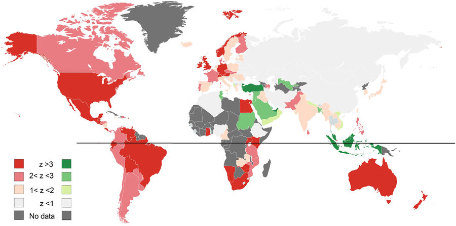Интенсивность красного показывает величину подъёма интереса к сексу в рождественскую неделю (по z-критерию), зелёного - в Уразу-байрам. Светло-серый - страны без значимых изменений, тёмно-серый - нет данных