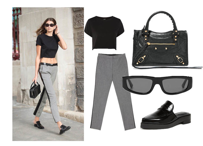 Брюки Zara, футболка Topshop, мюли Jeffrey Campbell, сумка Balenciaga, солнцезащитные очки Zara Как повторить лучшие образы Кайи Гербер? (фото 26)