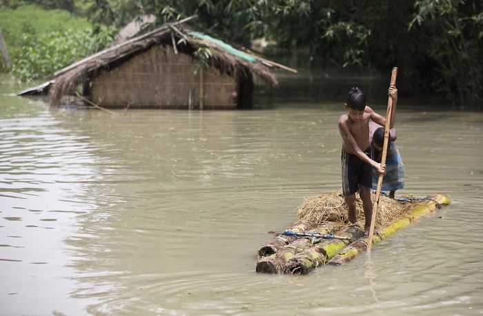 Two Boys Stand On A Banana Raft In Assam, India