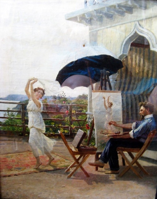 «Автор и модель», (1912 год). Автопортрет художника за работой. Холст, масло. Частное собрание. Автор: Николай Бодаревский. Почему передвижники открещивались от художника Бодаревского и снимали его полотна с вернисажей