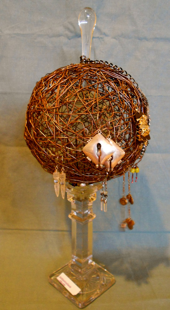 Decorative earring stand ,Glass and copper wire , up cycled found objects