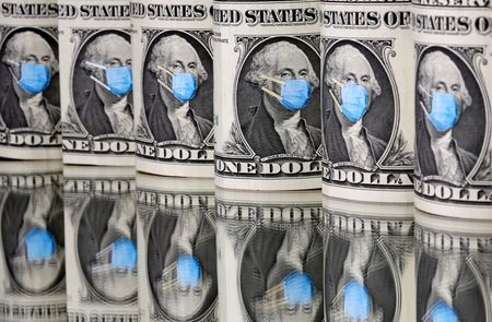 George Washington is seen with printed medical mask on the one Dollar banknotes in this illustration taken, March 31, 2020. REUTERS/Dado Ruvic/Illustration George Washington is seen with printed medical mask on the one Dollar banknotes in this illustration taken, March 31, 2020. REUTERS/Dado Ruvic/Illustration