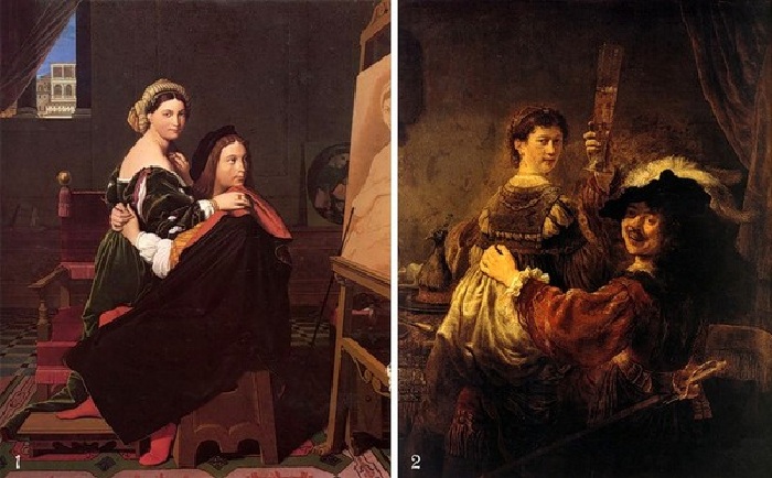 1. Жан Огюст Доминик Энгр «Рафаэль и Форнарина». (1814), Музей университета Гарварда <br>2. Харменс ван Рейн Рембрандт «Автопортрет с Саскией на коленях». (1635-1636).Дрезден, Картинная галерея. 1. Жан Огюст Доминик Энгр «Рафаэль и Форнарина». (1814), Музей университета Гарварда <br>2. Харменс ван Рейн Рембрандт «Автопортрет с Саскией на коленях». (1635-1636).Дрезден, Картинная галерея.