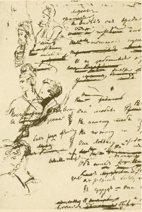 Страница рукописи «Евгения Онегина». Портрет Собаньской внизу страницы. Страница рукописи «Евгения Онегина». Портрет Собаньской внизу страницы.