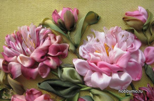 Пионы (вышивание шелковыми лентами),цветы,пионы,вышивание лентами,цветы вышитые лентами,цветы из лент,вышивка лентами