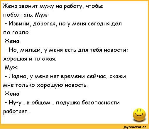 Жена звонит мужу на работу, чтобы поболтать. Муж:
- Извини, дорогая, но у меня сегодня дел по горло.
Жена:
- Но, милый, у меня есть для тебя новости: хорошая и плохая.
Муж:
- Ладно, у меня нет времени сейчас, скажи мне только хорошую новость.
Жена:
- Ну-у... в общем... подушка безопасности