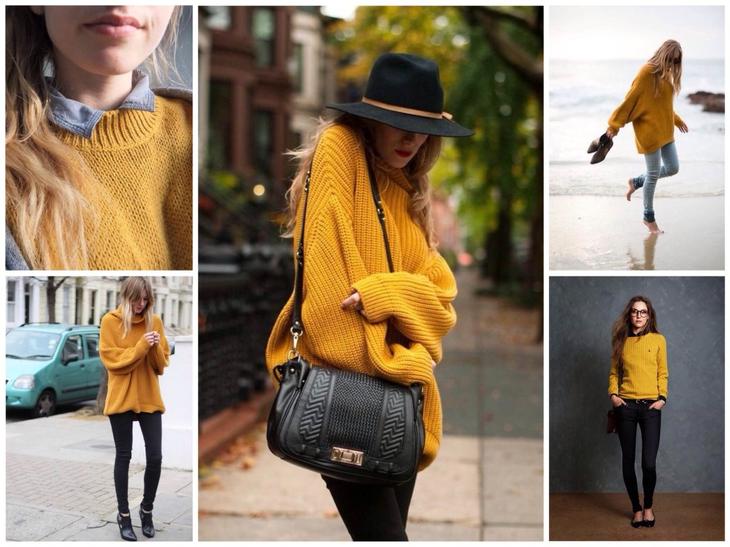 Образы объемных свитеров mustard color