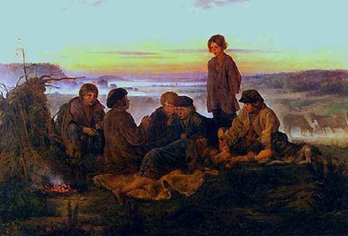 Крестьянские мальчики в ночном стерегут лошадей. (1869). Автор: Владимир Маковский. Крестьянские мальчики в ночном стерегут лошадей. (1869). Автор: Владимир Маковский.