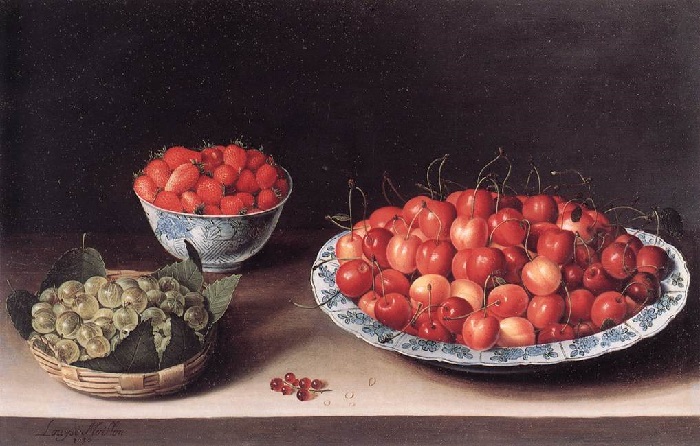 Натюрморт с вишней, клубникой и крыжовником ( 1630-е годы.) 32.1 х 48.6 Дерево,масло. Пасадена, музей Нортона Саймона. Автор: Луиза Муайон. Почему в XVII веке никто не верил, что изысканные картины рисует женщина: Очарование натюрмортов Луизы Муайон