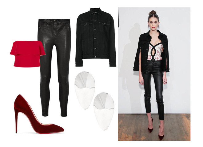 Кожаные брюки Rag&Bone, топ Reem Acra, джинсовая куртка Filles a Papa, туфли Christian Louboutin, серьги Wwake Как повторить лучшие образы Кайи Гербер? (фото 5)