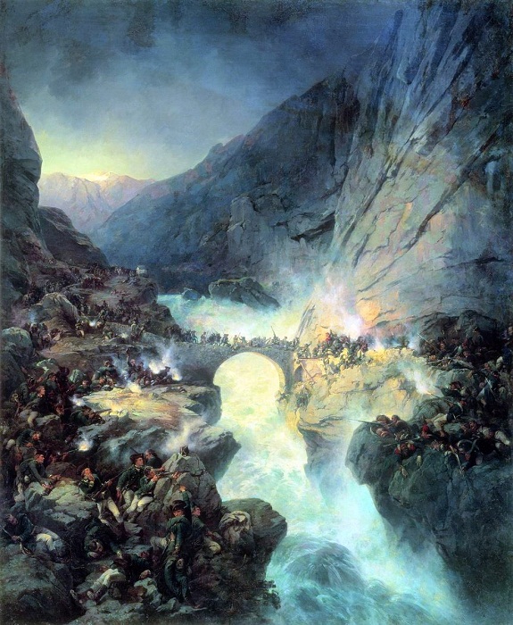 Бой на Чертовом мосту 14 сентября 1799 года. Картина Коцебу А.Е. (1815 – 1889 гг). Бой на Чертовом мосту 14 сентября 1799 года. Картина Коцебу А.Е. (1815 – 1889 гг).