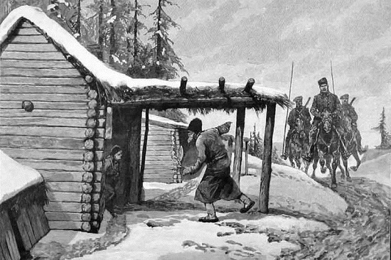 Урядник с казаками въезжают в деревню в поисках спрятанного зерна. Фото: репродукция/Родина Урядник с казаками въезжают в деревню в поисках спрятанного зерна. Фото: репродукция/Родина