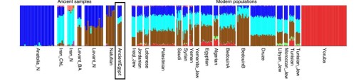 График анализа ADMIXTURE, показаны предковые компоненты древних и современных популяций. Древние египтяне выделены. new-4
