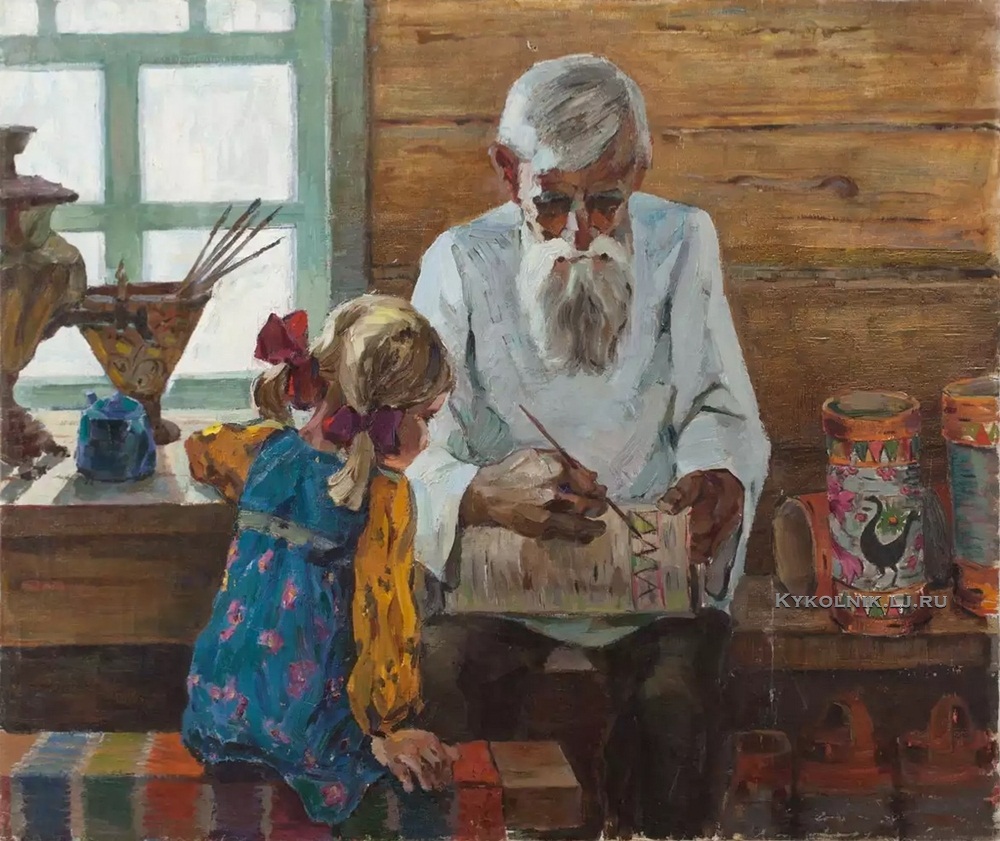 Старики и дети в деревне живопись