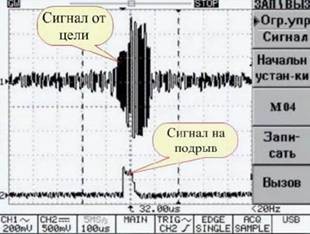 фото диаграмма обнаружения цельнокорпусного боеприпаса (БПС) и бронебойного снаряда танковой пушки БК-18М. Сигнал на подрыв БЧ подается.