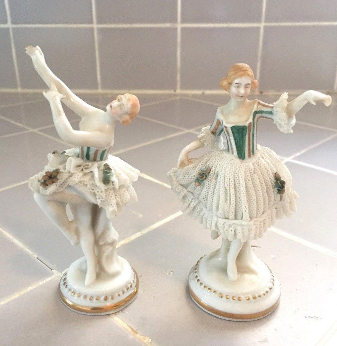 Antique Pair Porcelain Lace Ballet Figurines E&A Muller Volkstedt Dresden Antique Pair Porcelain Lace Ballet Figurines E&A Muller Volkstedt Dresden