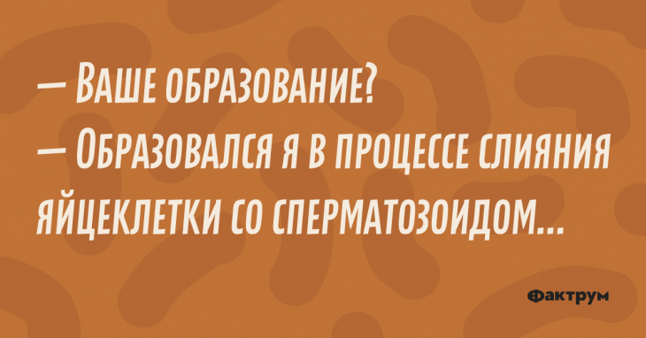 — Ваше образование? — Образовался я в процессе слияния яйцеклетки со сперматозоидом... Прикол про образование
