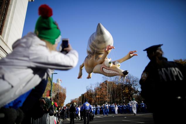 Ice Age's Scrat and his acorn is carried down Central Park West during the 91st Macy's Thanksgiving Day Parade in the Manhattan borough of New York City, New York, U.S., November 23, 2017.