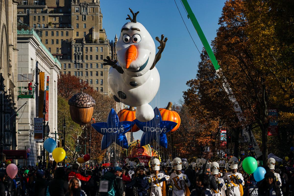 The Olaf balloon glides over Central Park West during the Macy's Thanksgiving Day Parade.